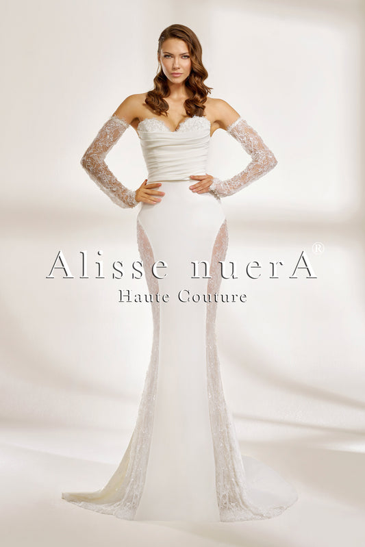 Portatif Kollu İşlemeli Dantel Detaylı Kuyruklu Balık Gelinlik Modeli